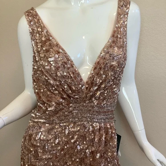MacDuggal Rose Gold Sequin Evening Gown with Slit and Train - Picture 6 of 14
